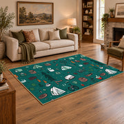 teal colorful camping equipment outdoor pattern area rug, angled room view