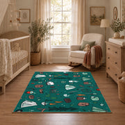 teal colorful camping equipment outdoor pattern area rug, full pattern view