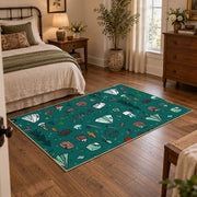 teal colorful camping equipment outdoor pattern area rug, soft surface detail