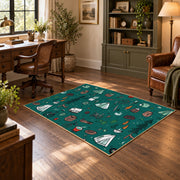 teal colorful camping equipment outdoor pattern area rug, wood floor styling