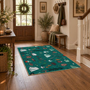 teal colorful camping equipment outdoor pattern area rug, close decorative detail