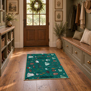 teal colorful camping equipment outdoor pattern area rug, front room mockup