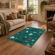 teal colorful camping equipment outdoor pattern area rug, design detail view