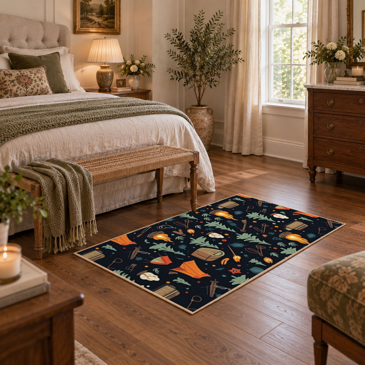navy campfire outdoor gear camping area rug, featured room view