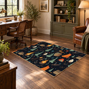 navy campfire outdoor gear camping area rug, wood floor styling