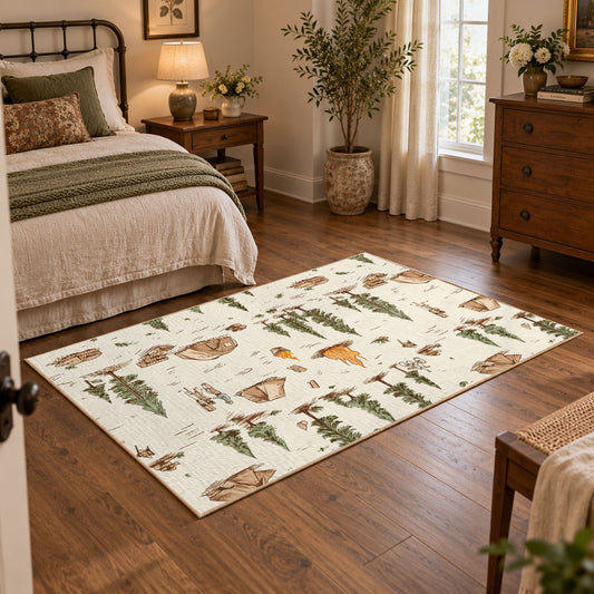 cream woodland forest camping pattern area rug, featured room view