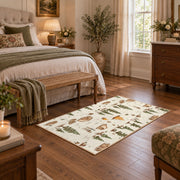 cream woodland forest camping pattern area rug, cozy home setting