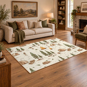 cream woodland forest camping pattern area rug, angled room view