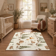 cream woodland forest camping pattern area rug, full pattern view