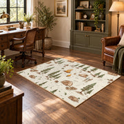 cream woodland forest camping pattern area rug, soft surface detail