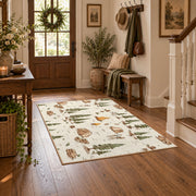 cream woodland forest camping pattern area rug, wood floor styling