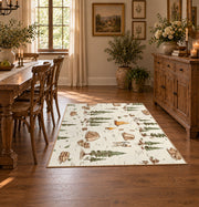 cream woodland forest camping pattern area rug, close decorative detail