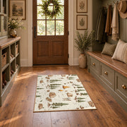 cream woodland forest camping pattern area rug, front room mockup