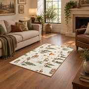 cream woodland forest camping pattern area rug, design detail view