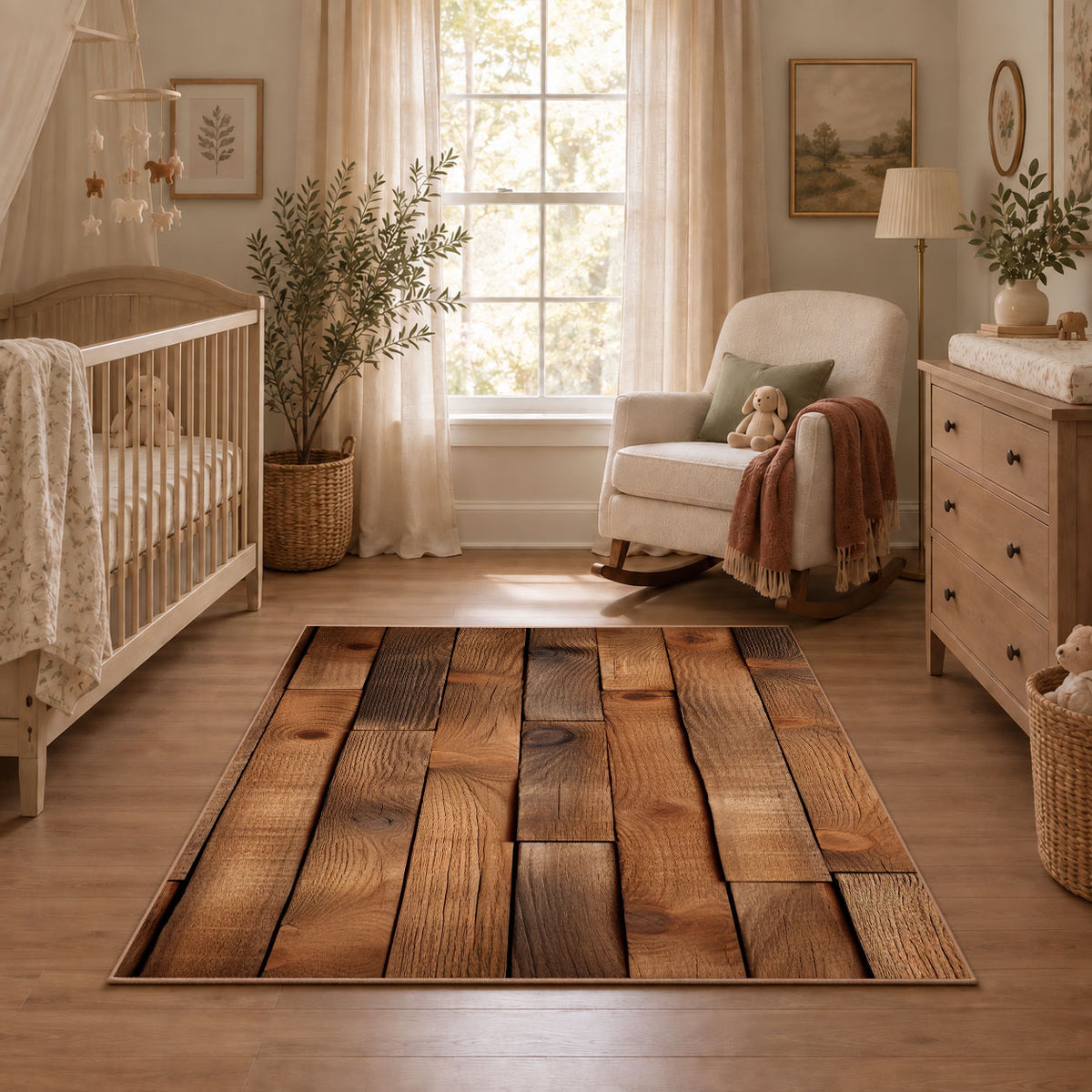 brown rustic wood plank farmhouse area rug, featured room view