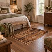 brown rustic wood plank farmhouse area rug, cozy home setting