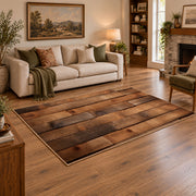 brown rustic wood plank farmhouse area rug, angled room view