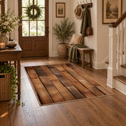 brown rustic wood plank farmhouse area rug, wood floor styling