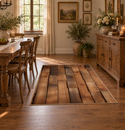 brown rustic wood plank farmhouse area rug, close decorative detail