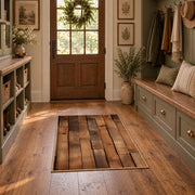 brown rustic wood plank farmhouse area rug, front room mockup