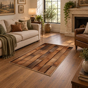 brown rustic wood plank farmhouse area rug, design detail view