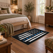 black white blue stripe American flag patriotic area rug, cozy home setting