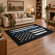 black white blue stripe American flag patriotic area rug, angled room view