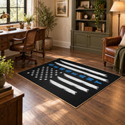 black white blue stripe American flag patriotic area rug, soft surface detail