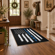 black white blue stripe American flag patriotic area rug, wood floor styling