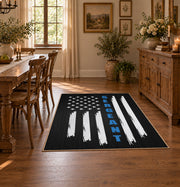 black white blue stripe American flag patriotic area rug, close decorative detail