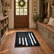 black white blue stripe American flag patriotic area rug, front room mockup