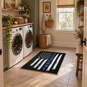black white blue stripe American flag patriotic area rug, wide interior view