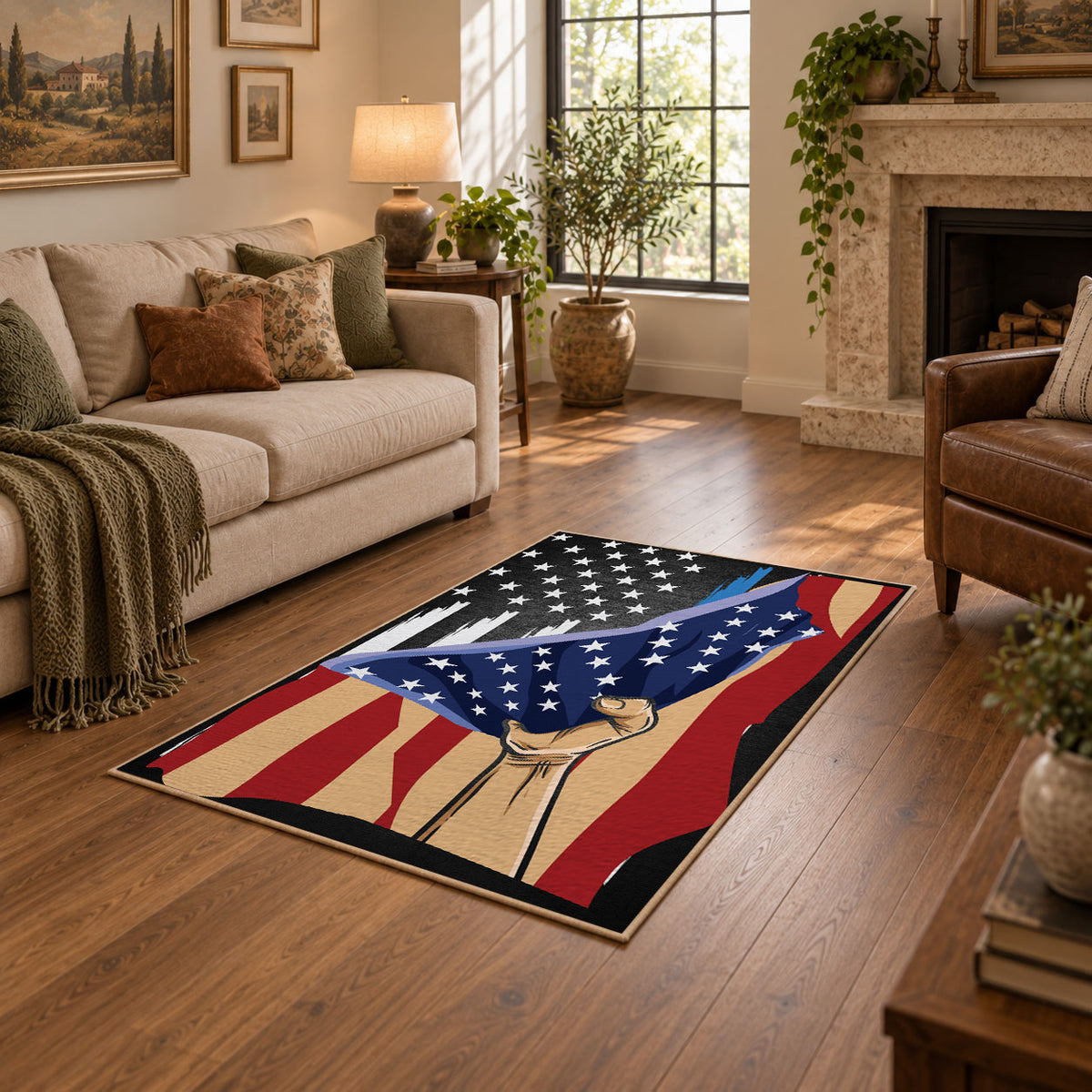 red blue patriotic American flag veteran area rug, featured room view