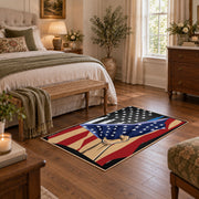 red blue patriotic American flag veteran area rug, cozy home setting