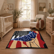 red blue patriotic American flag veteran area rug, full pattern view