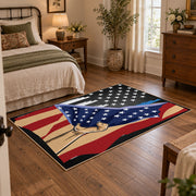 red blue patriotic American flag veteran area rug, soft surface detail