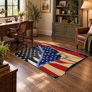 red blue patriotic American flag veteran area rug, wood floor styling