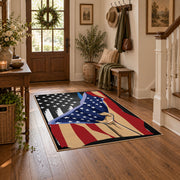 red blue patriotic American flag veteran area rug, close decorative detail