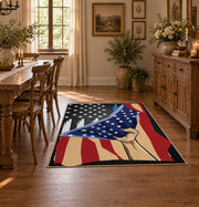red blue patriotic American flag veteran area rug, front room mockup