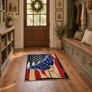 red blue patriotic American flag veteran area rug, wide interior view