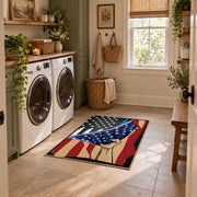 red blue patriotic American flag veteran area rug, design detail view