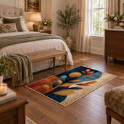 cream navy orange botanical shapes modern abstract area rug, cozy home setting