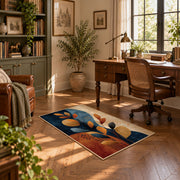 cream navy orange botanical shapes modern abstract area rug, complete product view