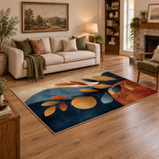 cream navy orange botanical shapes modern abstract area rug, angled room view