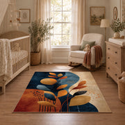 cream navy orange botanical shapes modern abstract area rug, full pattern view