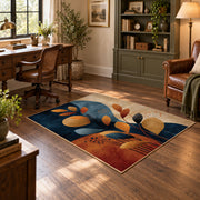 cream navy orange botanical shapes modern abstract area rug, wood floor styling