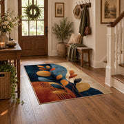 cream navy orange botanical shapes modern abstract area rug, close decorative detail