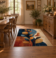 cream navy orange botanical shapes modern abstract area rug, front room mockup