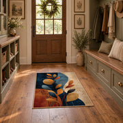 cream navy orange botanical shapes modern abstract area rug, wide interior view