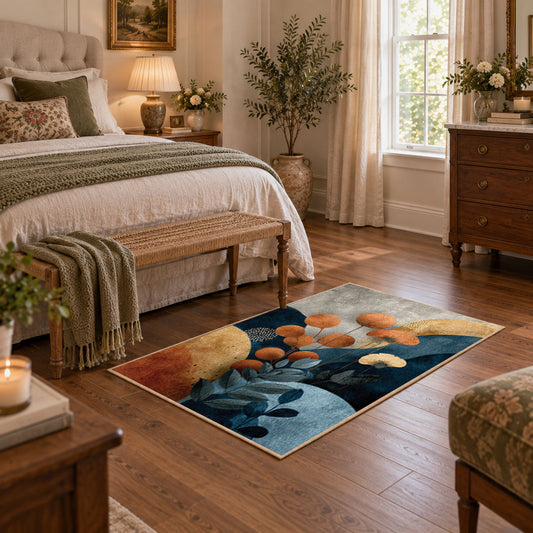 cream blue orange botanical pebble modern area rug, featured room view